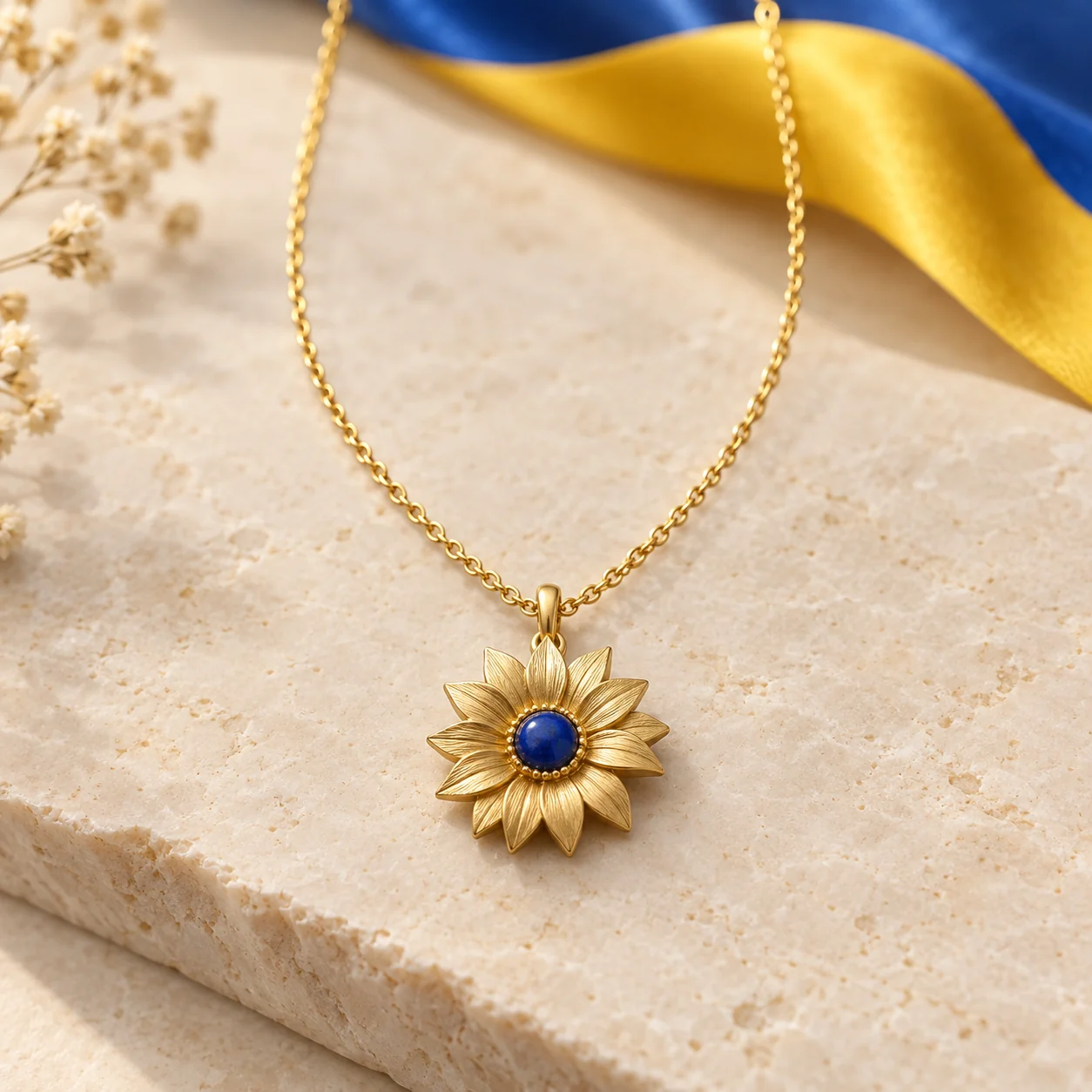 Collier Tournesol — cœur bleu