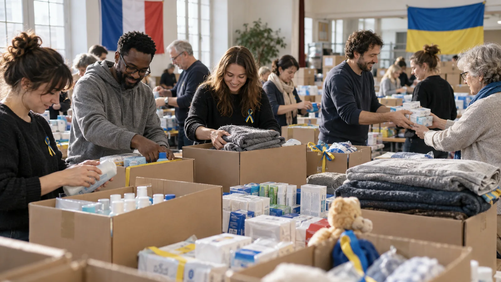 Bénévoles préparant des colis d’aide pour l’Ukraine en France