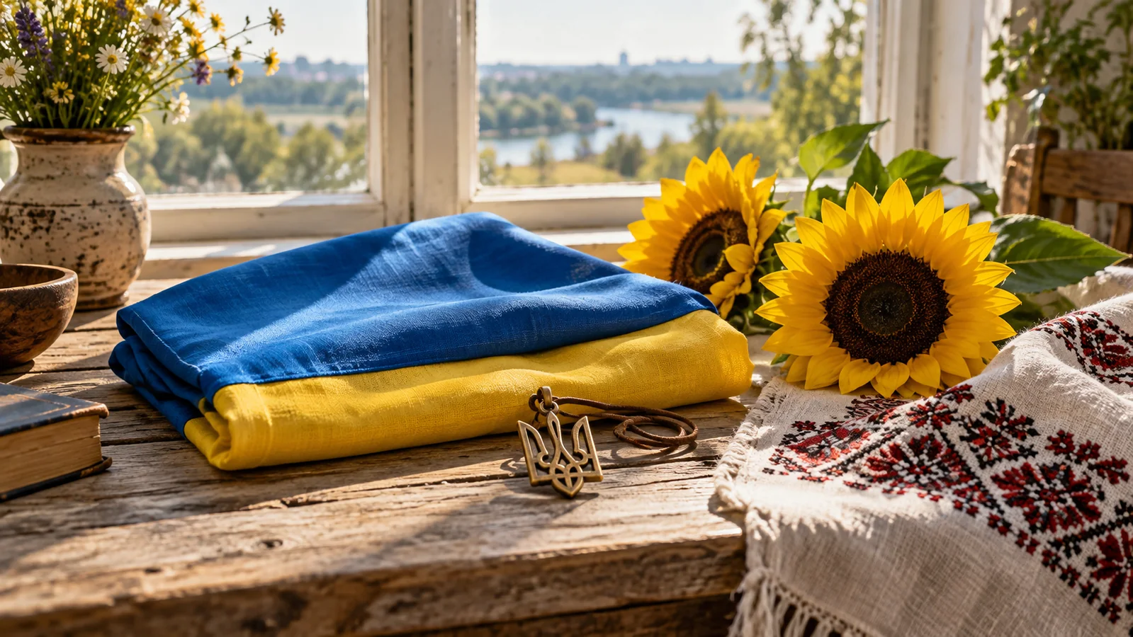 Drapeau ukrainien, tournesols et Tryzub dans une lumière naturelle