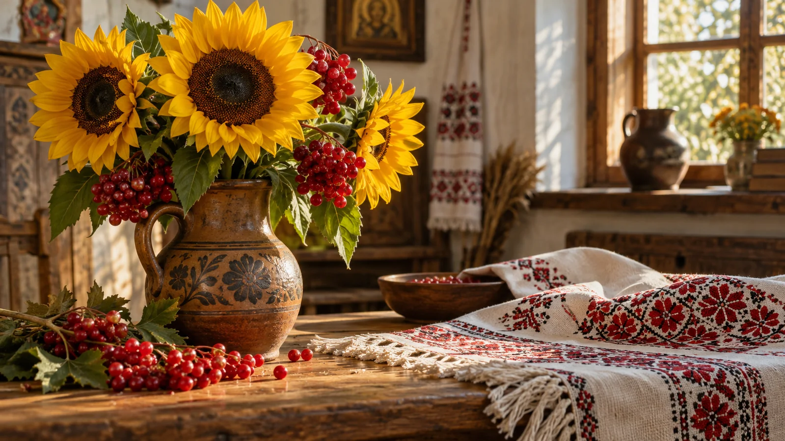 Tournesols, baies de kalyna et rushnyk brodé dans une maison ukrainienne