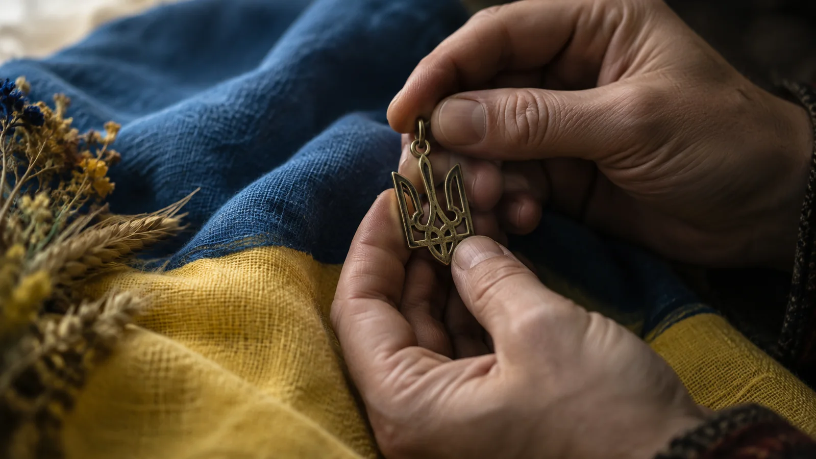 Pendentif Tryzub tenu au-dessus d’un tissu bleu et jaune