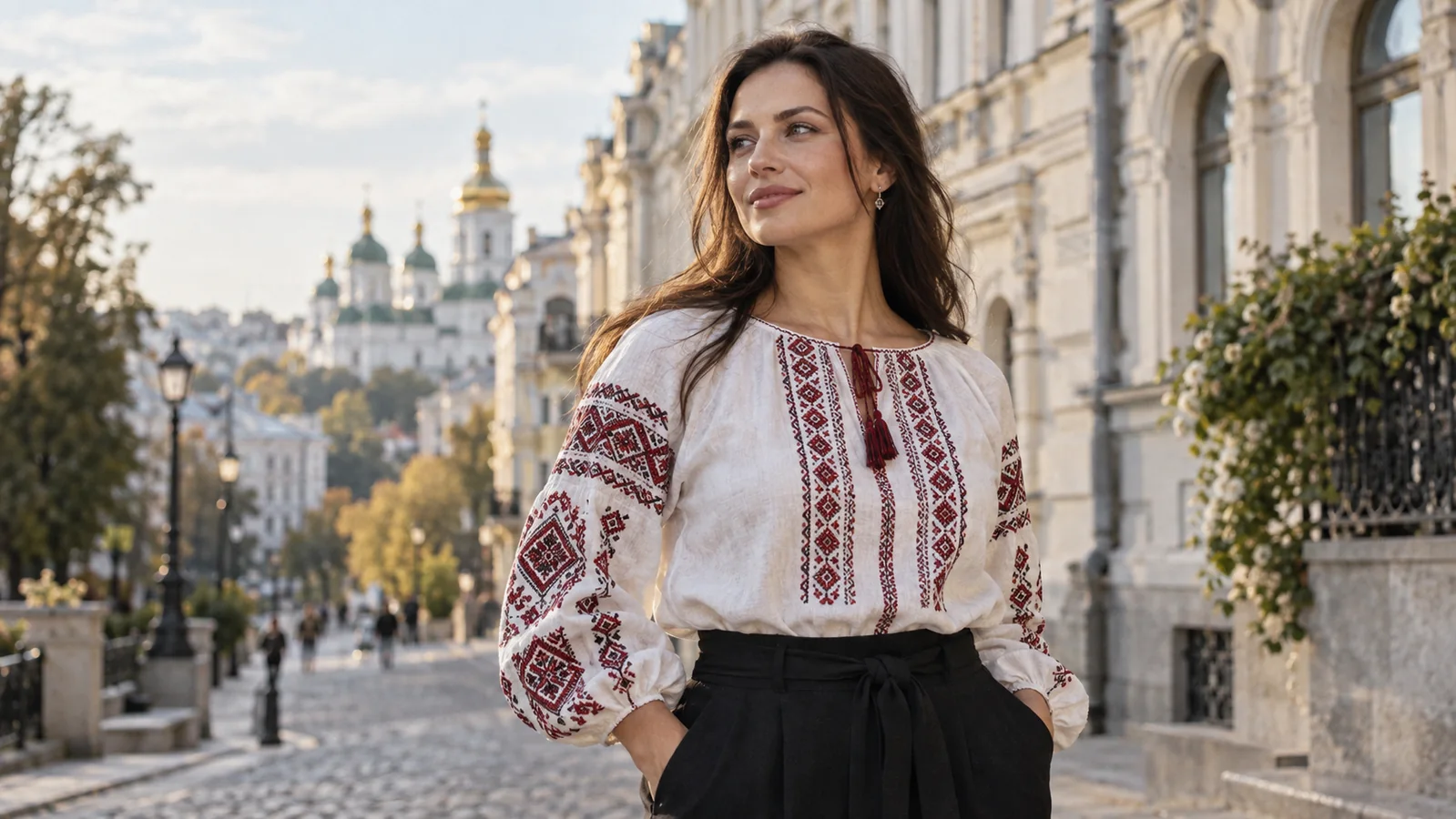 Femme portant une vyshyvanka blanche brodée dans une rue de Kyiv